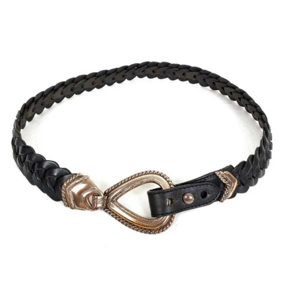Vintage 90s Black Braided Leather Belt Western Southwestern Boho Loop Large 33